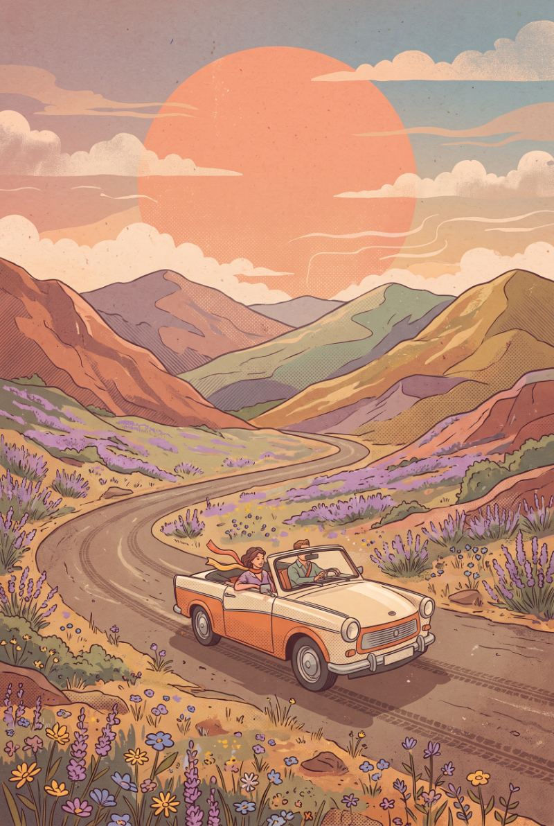 Convertible Through Lavender Valley — AI wall art print | Artisto Studios
