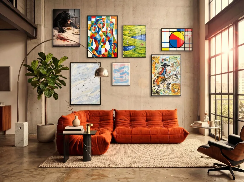 Styled room with New Era Poster and Midnight Panther and Zoo Daydream and Alpine Descent and Cubist Chorus and Fairway Eight and Primary Balance